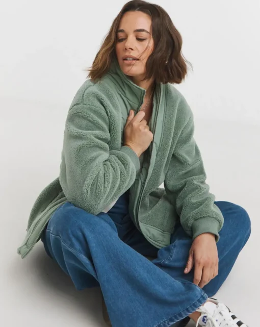 Green Funnel Neck Lined Longline Borg Jacket