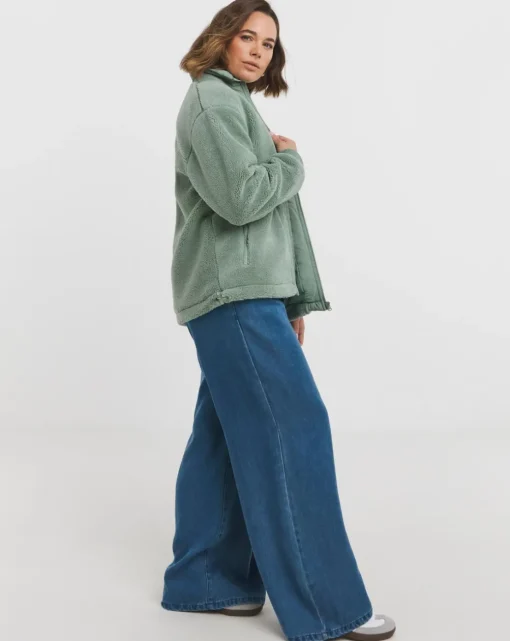 Green Funnel Neck Lined Longline Borg Jacket
