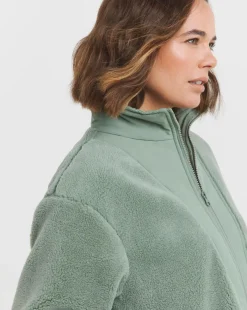 Green Funnel Neck Lined Longline Borg Jacket