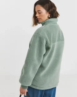 Green Funnel Neck Lined Longline Borg Jacket