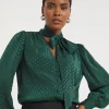 Green Jacquard Spot Tie Neck Blouse
