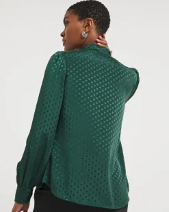 Green Jacquard Spot Tie Neck Blouse