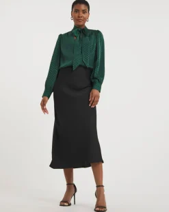 Green Jacquard Spot Tie Neck Blouse