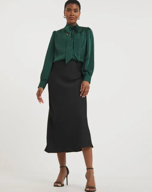Green Jacquard Spot Tie Neck Blouse