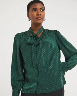 Green Jacquard Spot Tie Neck Blouse