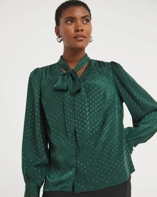 Green Jacquard Spot Tie Neck Blouse