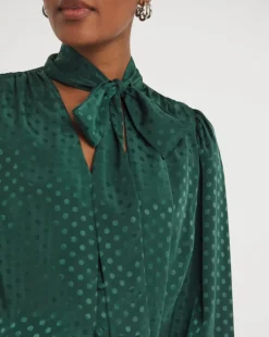 Green Jacquard Spot Tie Neck Blouse