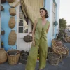 Green Linen Mix Wide Leg Trouser