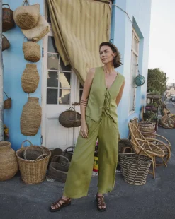 Green Linen Mix Wide Leg Trouser