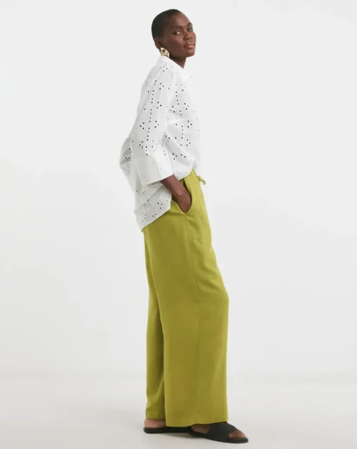 Green Linen Mix Wide Leg Trouser