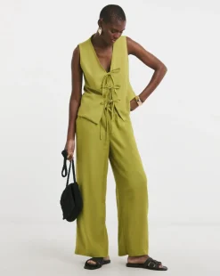 Green Linen Mix Wide Leg Trouser
