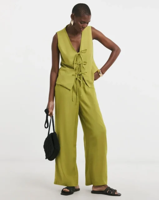 Green Linen Mix Wide Leg Trouser