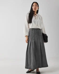 Grey Maxi Pleat Detail Denim Skirt