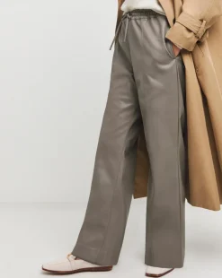Grey PU Leather Look Drawstring Wide Leg Trouser
