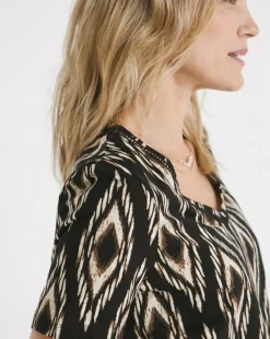 Ikat Print V Neck Short Sleeve Bubble Hem Top
