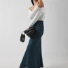 Indigo Raw Edge Fit and Flare Full Denim Skirt
