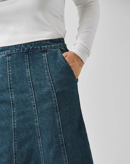 Indigo Raw Edge Fit and Flare Full Denim Skirt
