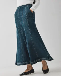 Indigo Raw Edge Fit and Flare Full Denim Skirt