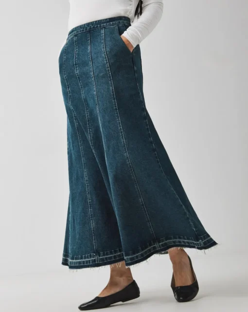 Indigo Raw Edge Fit and Flare Full Denim Skirt
