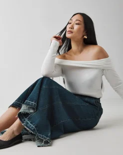 Indigo Raw Edge Fit and Flare Full Denim Skirt