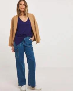 Indigo V Neck Short Sleeve Longline Top