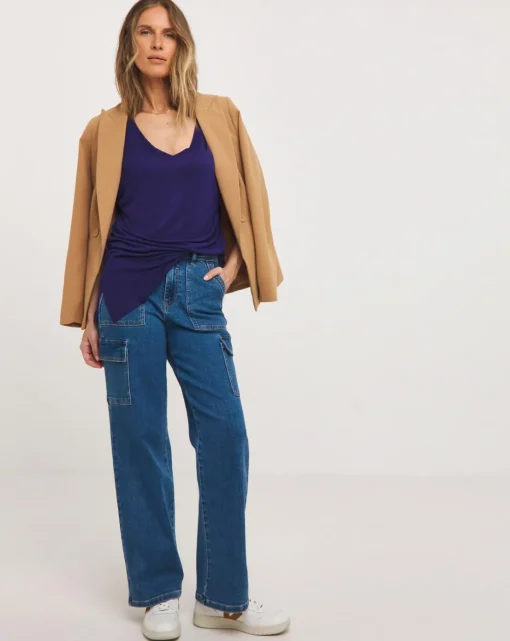 Indigo V Neck Short Sleeve Longline Top