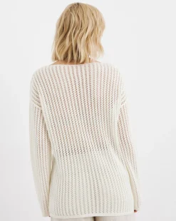 Ivory Long Sleeve Crew Neck Crochet Tunic