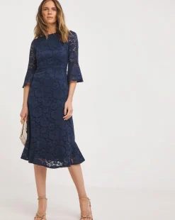 Joanna Hope Fluted Sleeve Stretch Lace Midi Dress