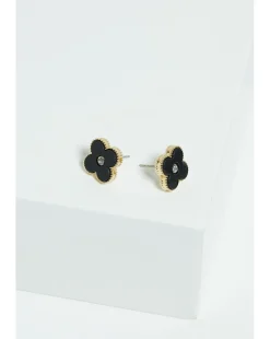 Jon Richard Gold Plated Jet Enamel Clover Stud Earrings