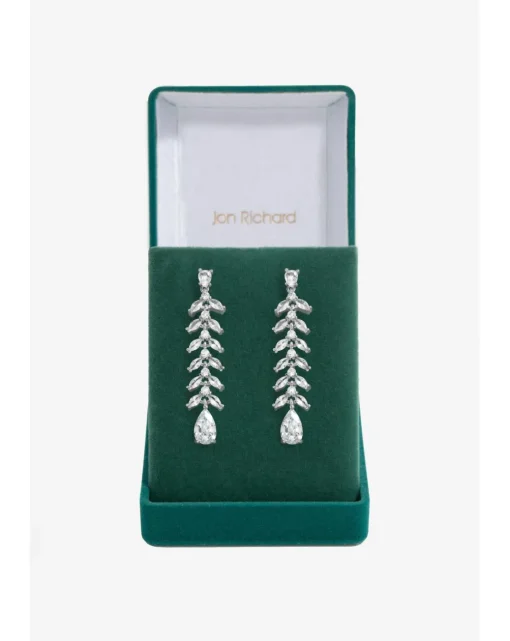 Jon Richard Rhodium Plated CZ Rhodium Plated Leaf Earrings - Gift Boxed