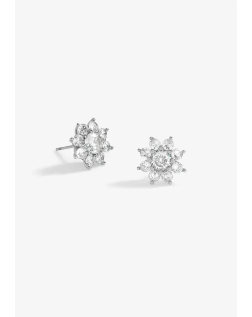 Jon Richard Rhodium Plated CZ Crystal Flower Stud Earrings - Gift Boxed