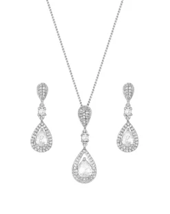 Jon Richard Silver Plated Clear Crystal Pave 3 Tier Pear Drop Set - Gift Boxed