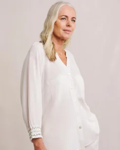 Julipa Linen Embroidered Cuff Button Down Blouse