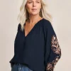 Julipa Palm Embroidered Navy Blouse