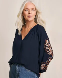 Julipa Palm Embroidered Navy Blouse