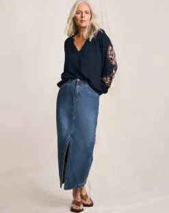 Julipa Palm Embroidered Navy Blouse
