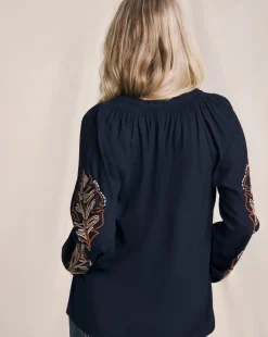 Julipa Palm Embroidered Navy Blouse