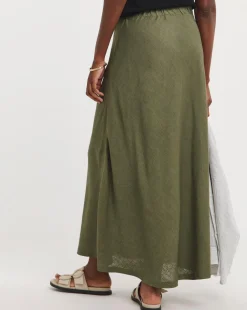 Khaki Linen Mix Bias Cut Maxi Slip Skirt