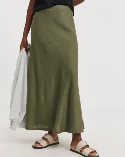 Khaki Linen Mix Bias Cut Maxi Slip Skirt