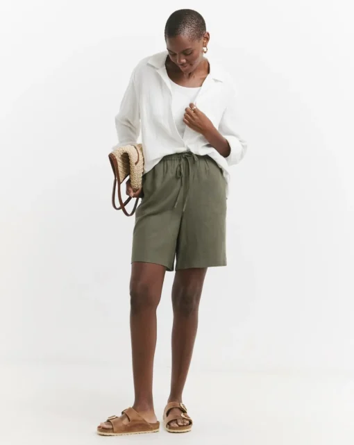 Khaki Linen Mix Knee Length Shorts