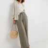 Khaki Linen Mix Wide Leg Trousers