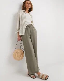 Khaki Linen Mix Wide Leg Trousers