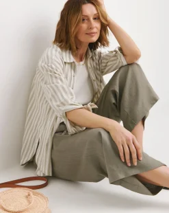 Khaki Linen Mix Wide Leg Trousers