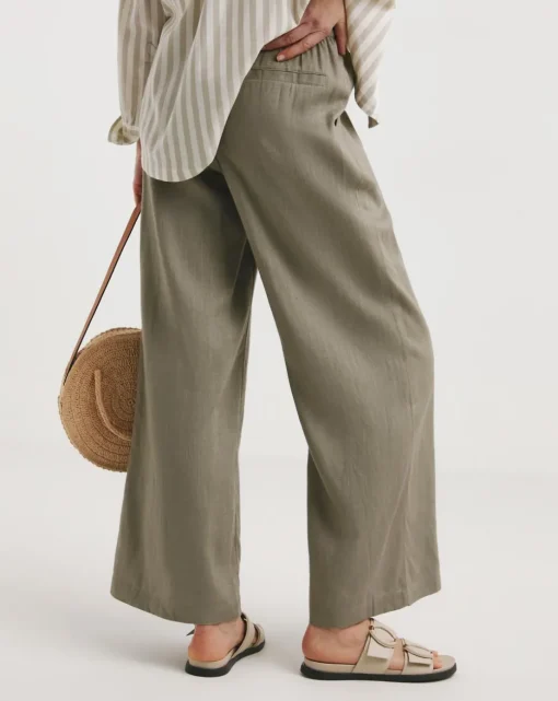 Khaki Linen Mix Wide Leg Trousers