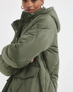 Khaki Mid Length Quilted Coat