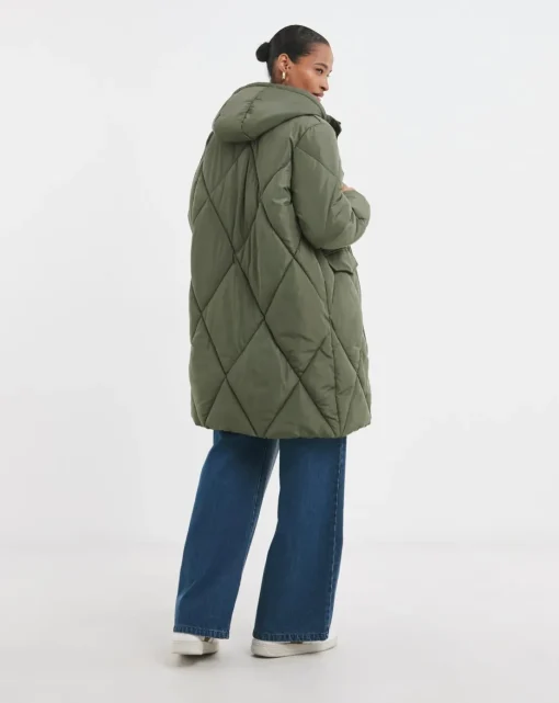 Khaki Mid Length Quilted Coat