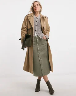 Khaki Midi Button Front Denim Skirt