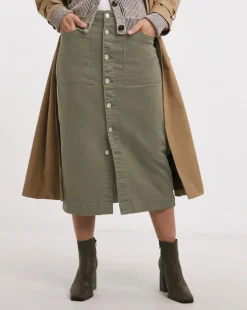 Khaki Midi Button Front Denim Skirt