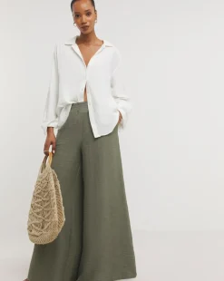 Khaki Textured Wide Leg Palazzo Trousers