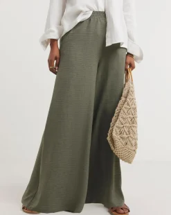 Khaki Textured Wide Leg Palazzo Trousers